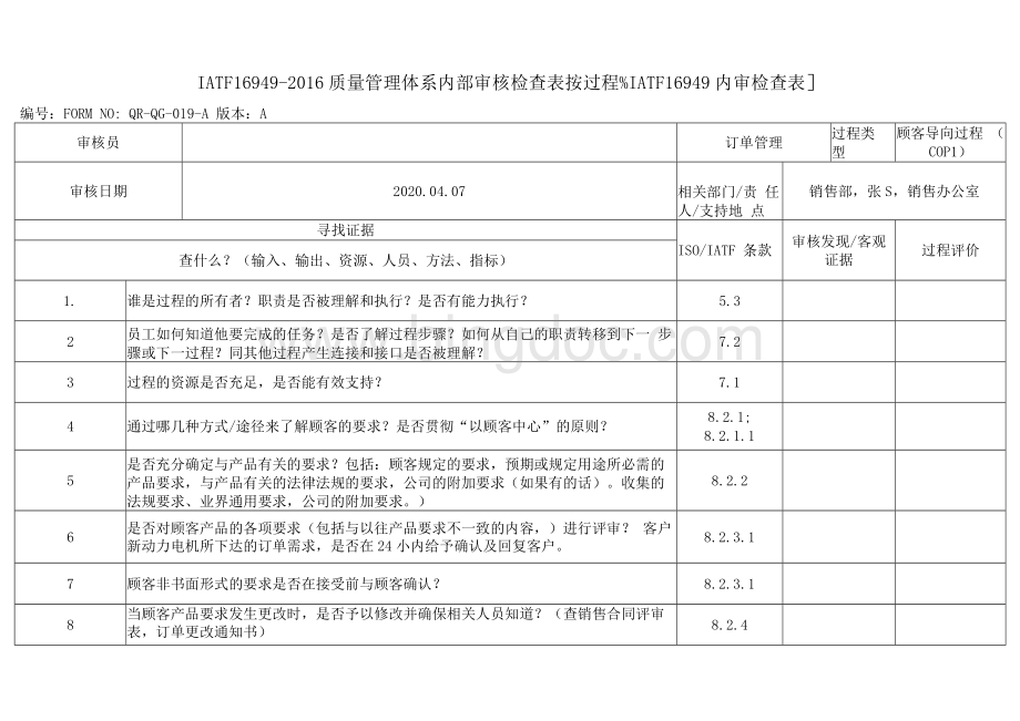 IATF16949-2016质量管理体系内部审核检查表按过程分[IATF16949内审检查表].docx_第1页