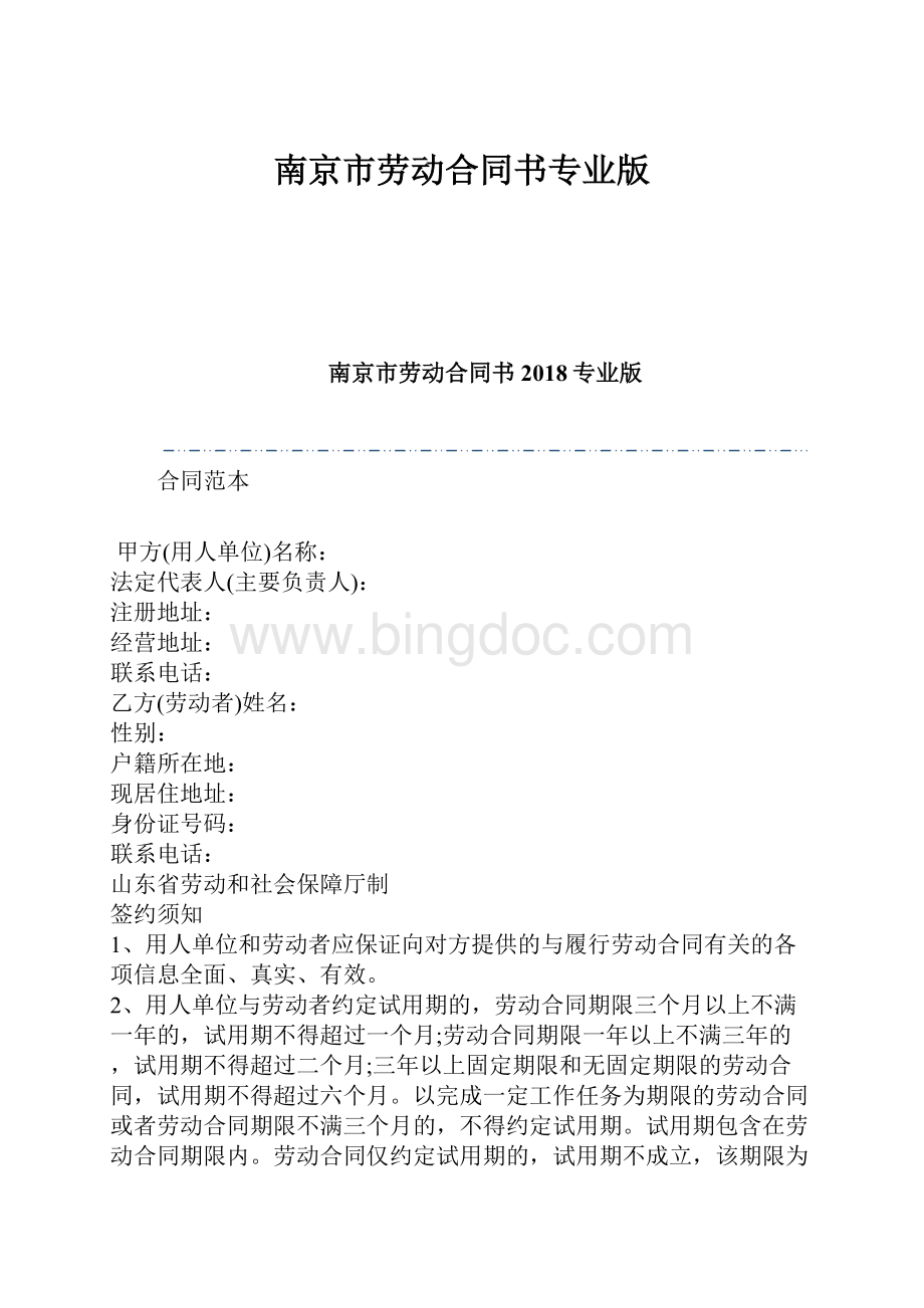 南京市劳动合同书专业版.docx_第1页