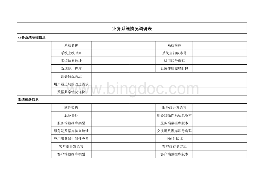 业务系统调研表表格文件下载.xls