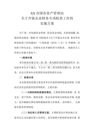 XX市国有资产管理局关于开展企业财务专项检查工作的实施方案文档格式.docx