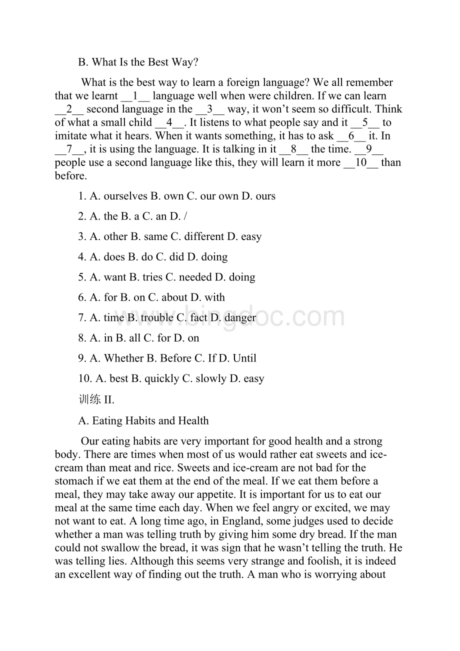 人教版七年级英语阅读理解与完型填空训练附答案.docx_第2页