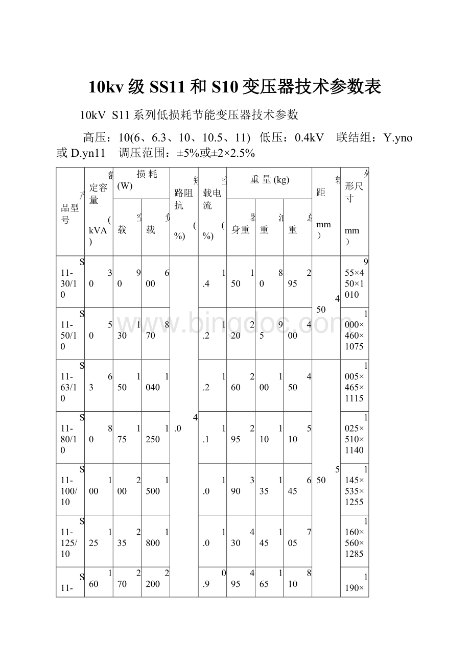 10kv级SS11和S10变压器技术参数表.docx_第1页