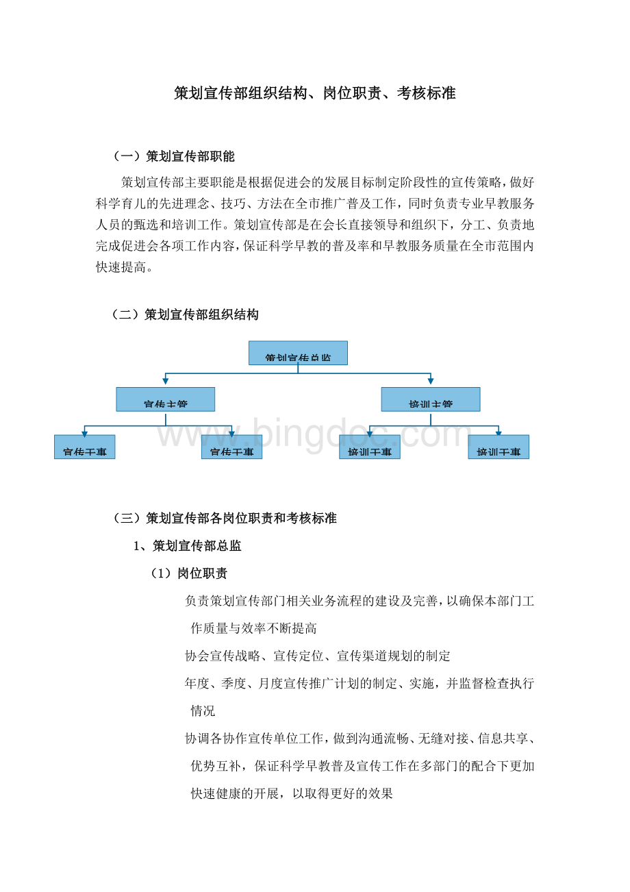 策划宣传部组织结构、岗位职责、考核标准Word格式文档下载.doc