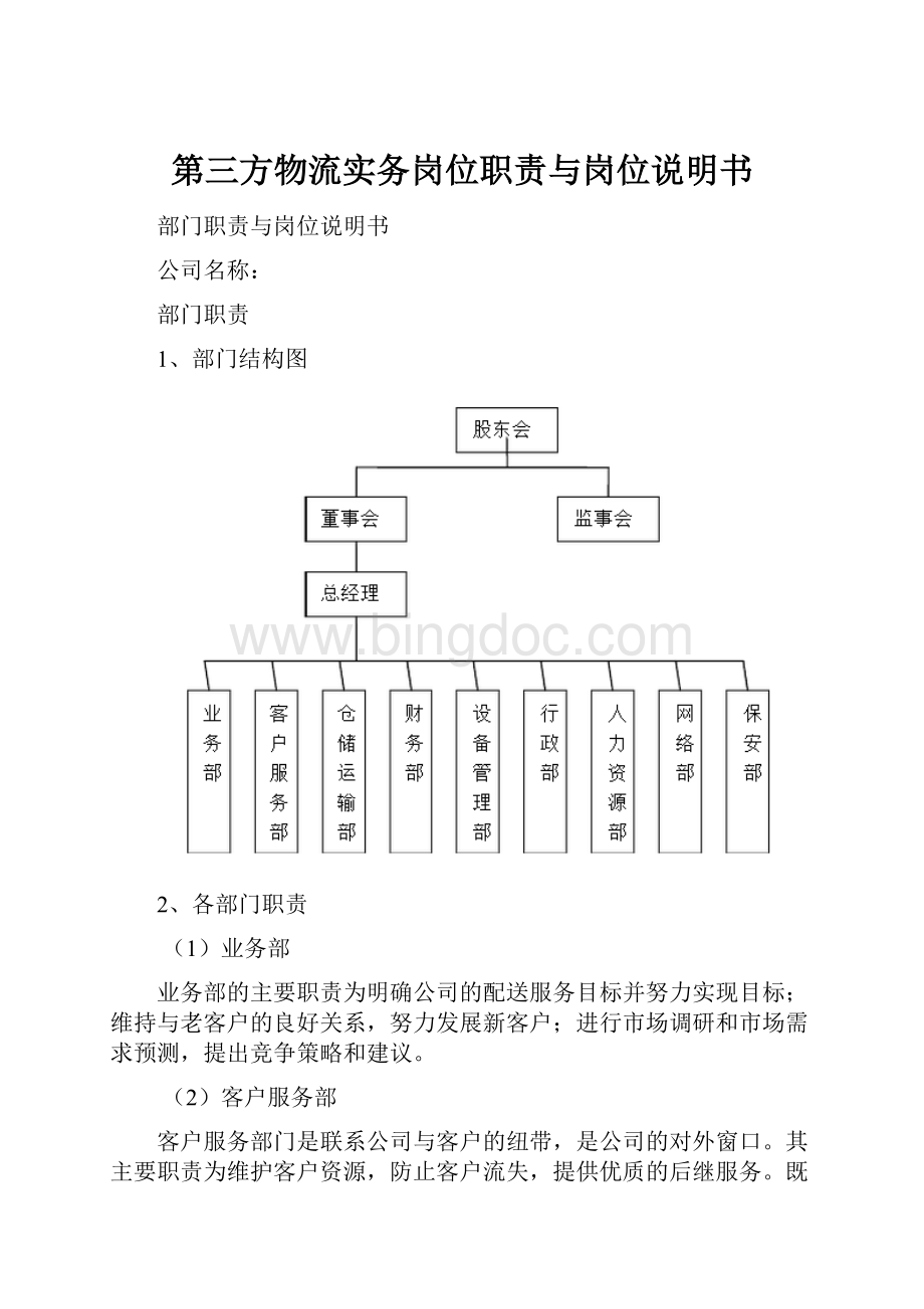 第三方物流实务岗位职责与岗位说明书Word下载.docx_第1页