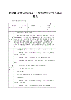 春学期 最新译林 精品 1B 学科教学计划 各单元计划Word文档格式.docx