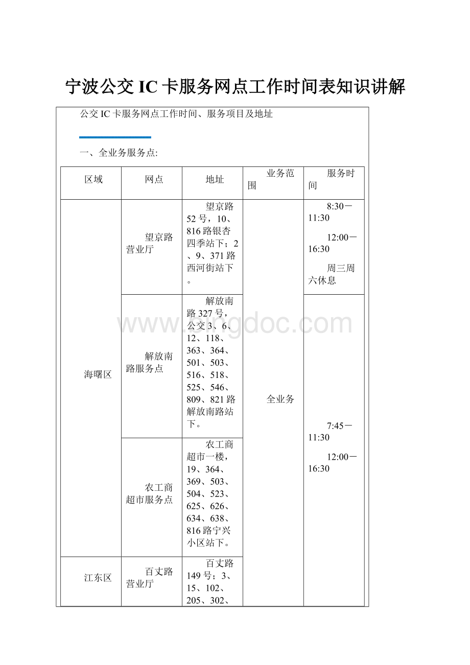 宁波公交IC卡服务网点工作时间表知识讲解文档格式.docx