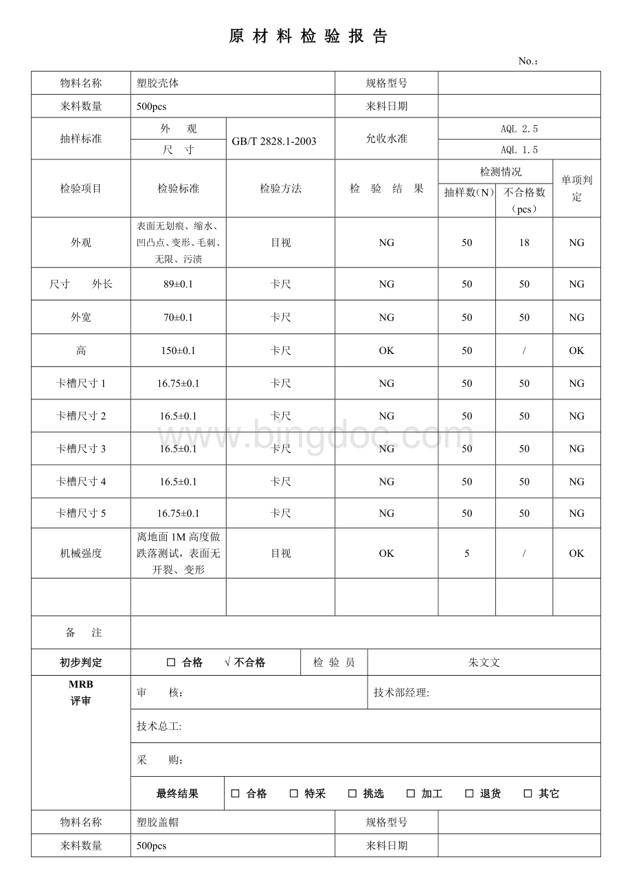 (完整版)来料检验报告表格Word文档下载推荐.doc_第1页