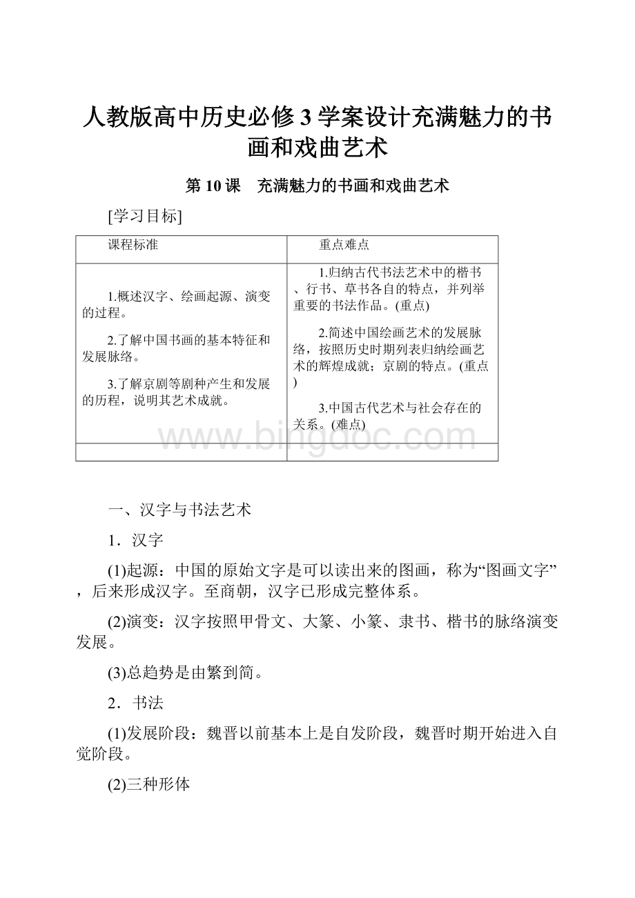 人教版高中历史必修3学案设计充满魅力的书画和戏曲艺术Word文档格式.docx_第1页