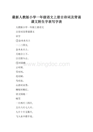 最新人教版小学一年级语文上册古诗词及背诵课文附生字表写字表文档格式.docx