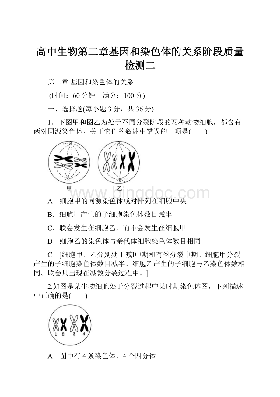 高中生物第二章基因和染色体的关系阶段质量检测二Word文档格式.docx_第1页