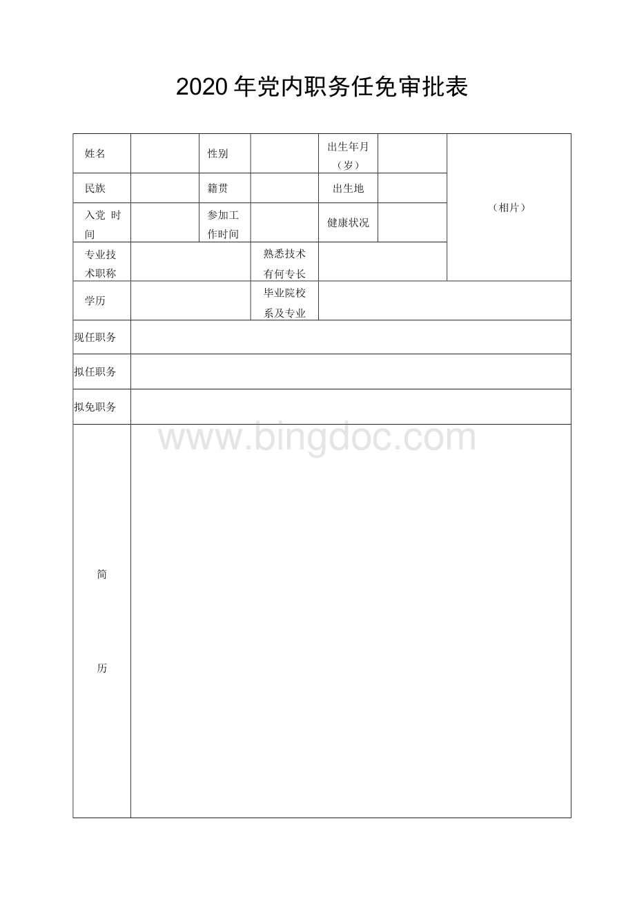 2020年党内职务任免审批表Word格式.docx