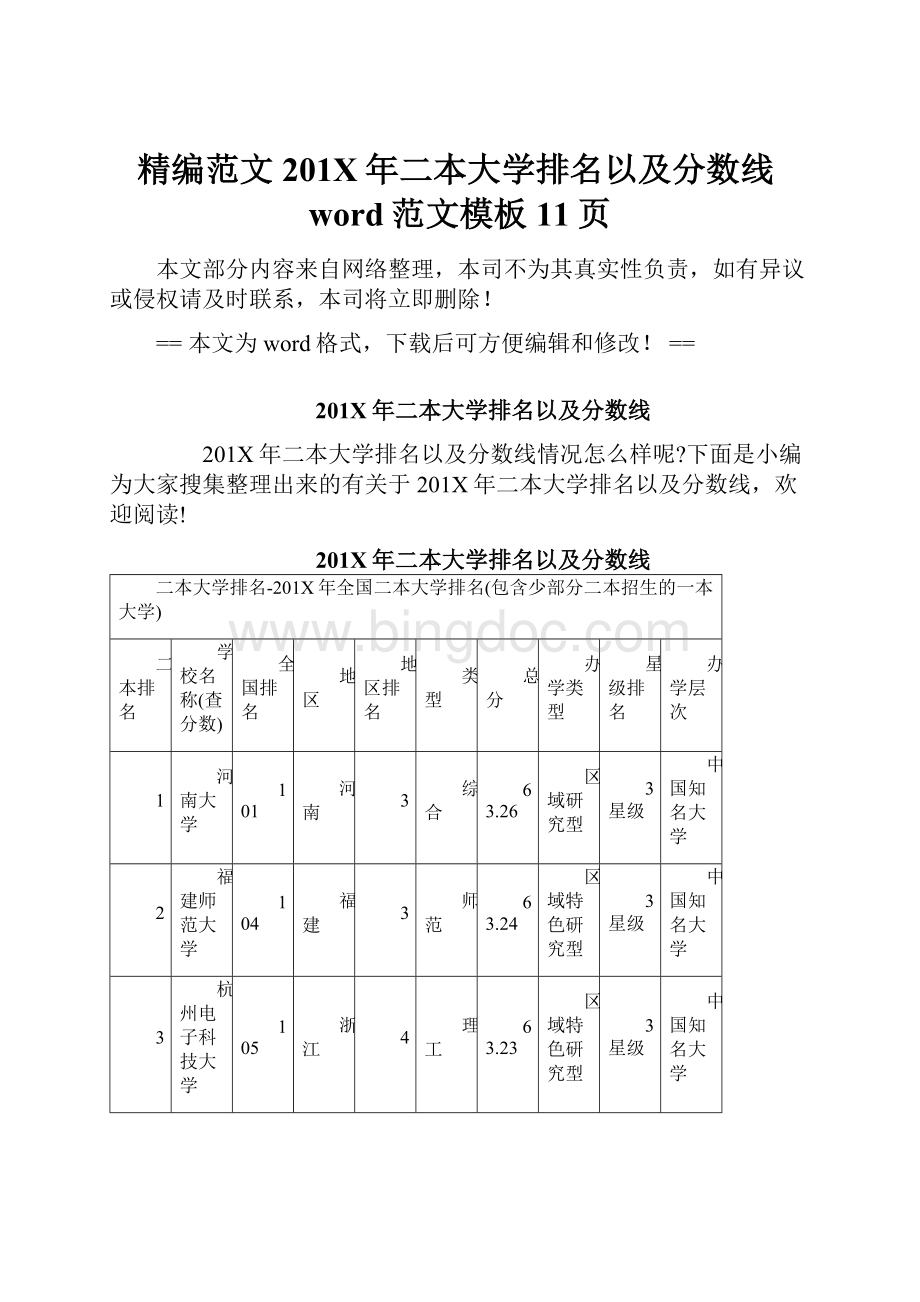 精编范文201X年二本大学排名以及分数线word范文模板 11页.docx_第1页