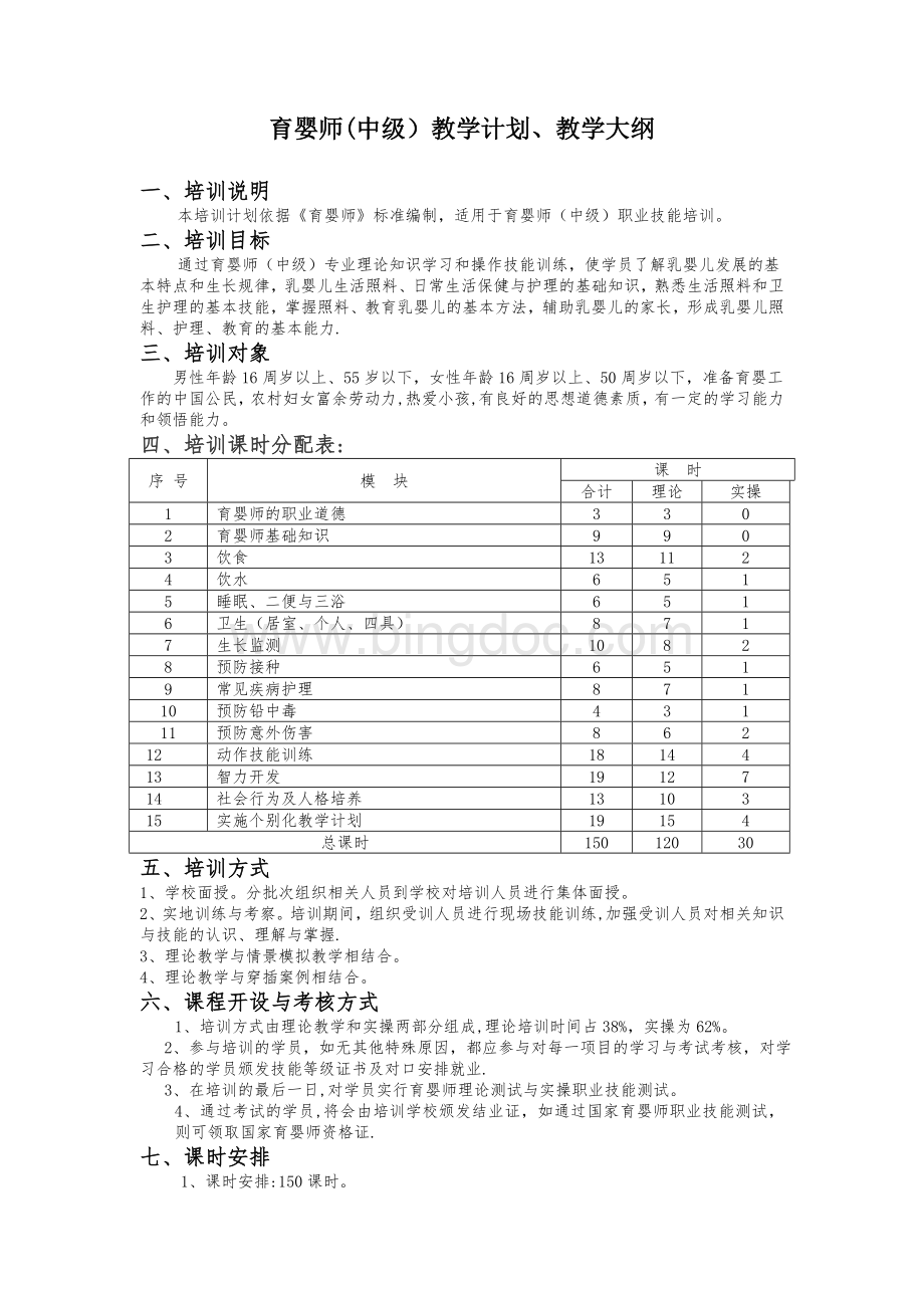 育婴师(中级)培训计划及大纲Word格式文档下载.doc