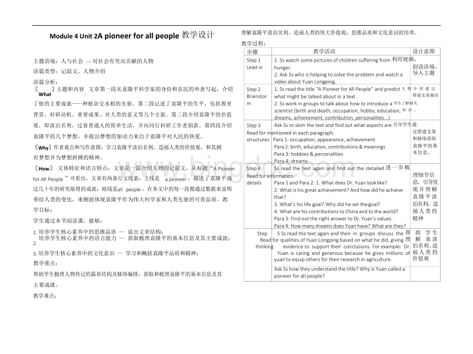 Module 4 Unit 2 A pioneer for all people 教学设计Word格式.docx