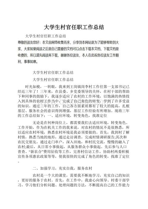 大学生村官任职工作总结Word文件下载.docx