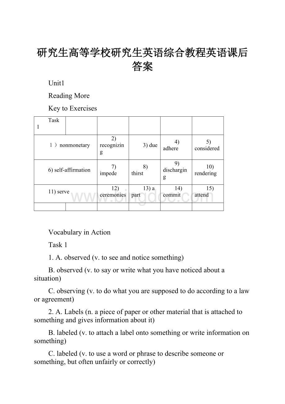 研究生高等学校研究生英语综合教程英语课后答案Word格式文档下载.docx_第1页