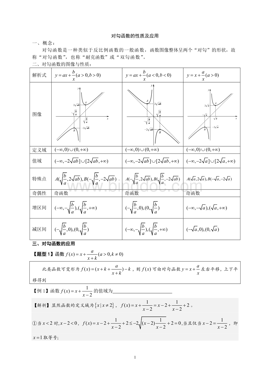 对勾函数的性质及应用(史上上最完整版)Word文档下载推荐.doc_第1页