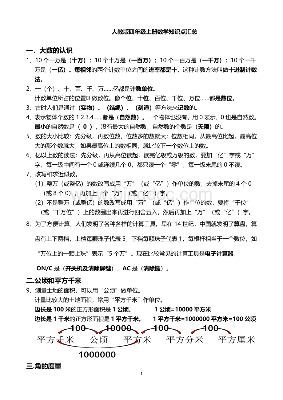 人教版四年级上册数学知识点汇总Word下载.doc_第1页