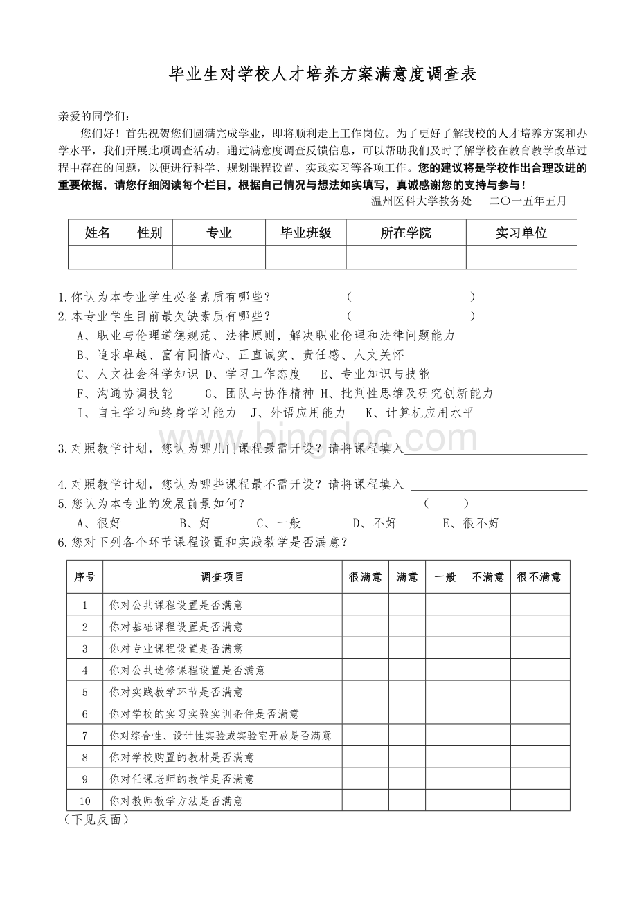 毕业生对学校满意度调查表.doc_第1页