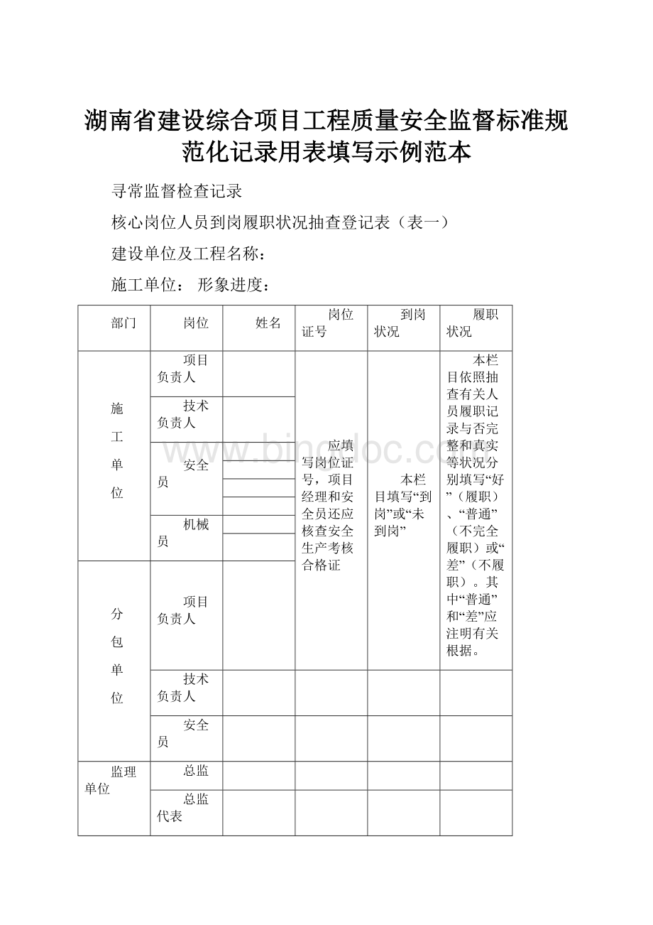 湖南省建设综合项目工程质量安全监督标准规范化记录用表填写示例范本Word文档格式.docx