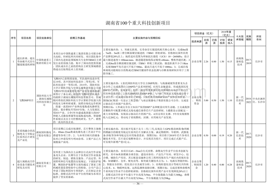 湖南省100个重大科技创新项目表格文件下载.xls