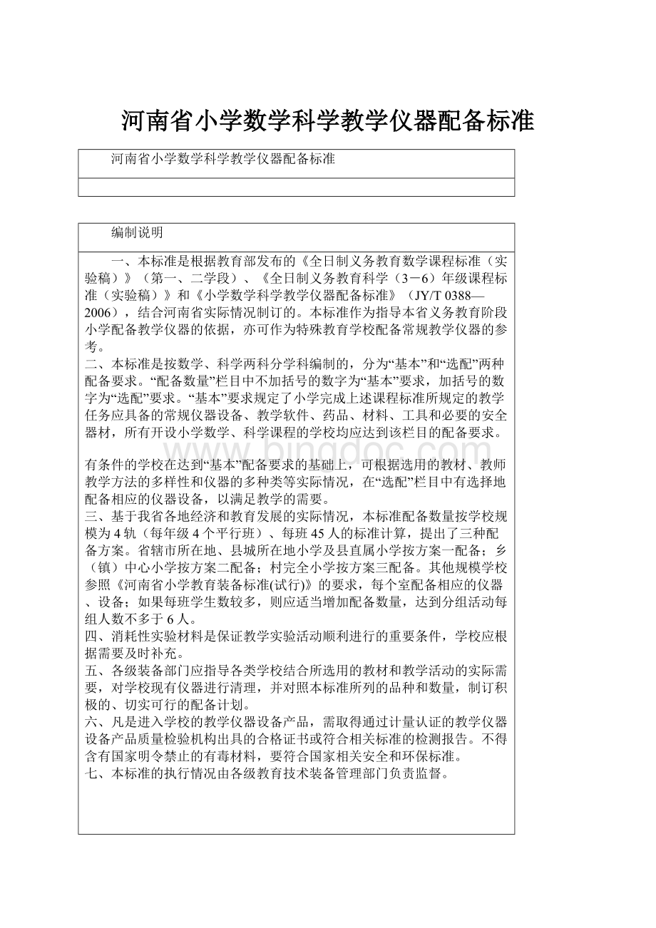 河南省小学数学科学教学仪器配备标准.docx_第1页