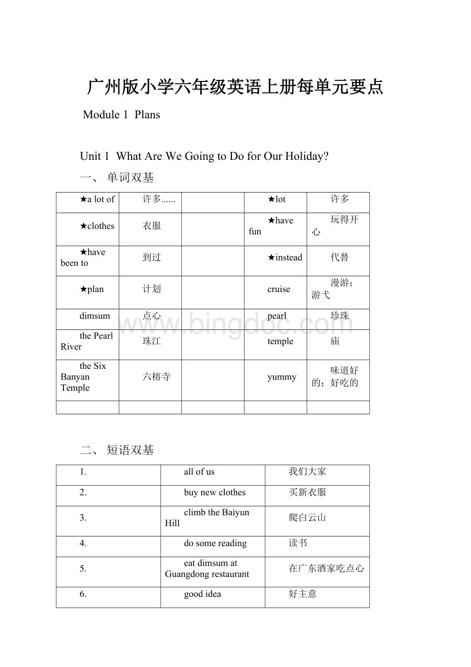 广州版小学六年级英语上册每单元要点文档格式.docx