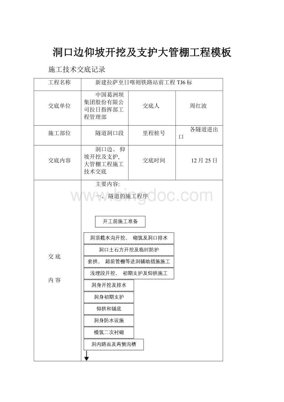 洞口边仰坡开挖及支护大管棚工程模板Word下载.docx