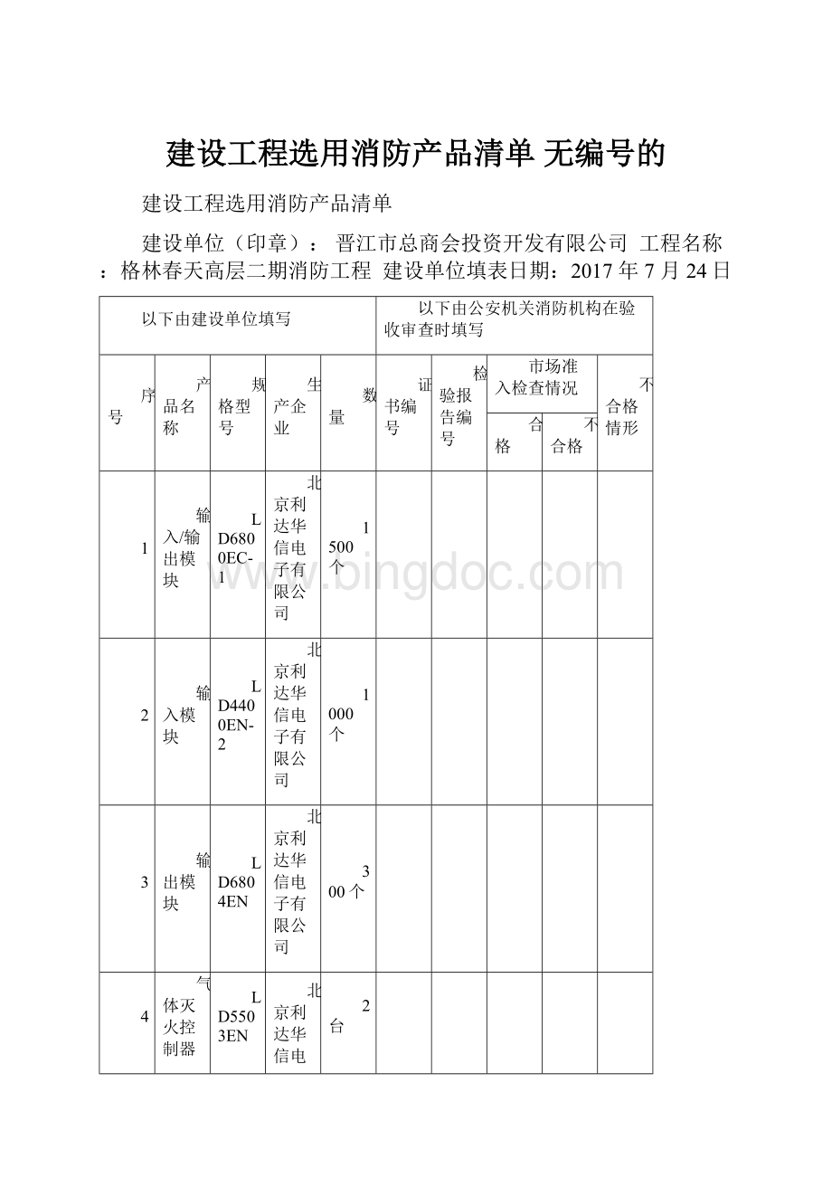 建设工程选用消防产品清单 无编号的.docx