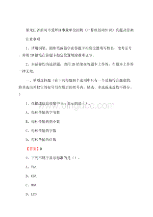 黑龙江省黑河市爱辉区事业单位招聘《计算机基础知识》真题及答案.docx