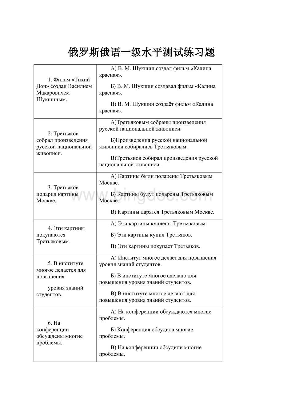 俄罗斯俄语一级水平测试练习题.docx_第1页