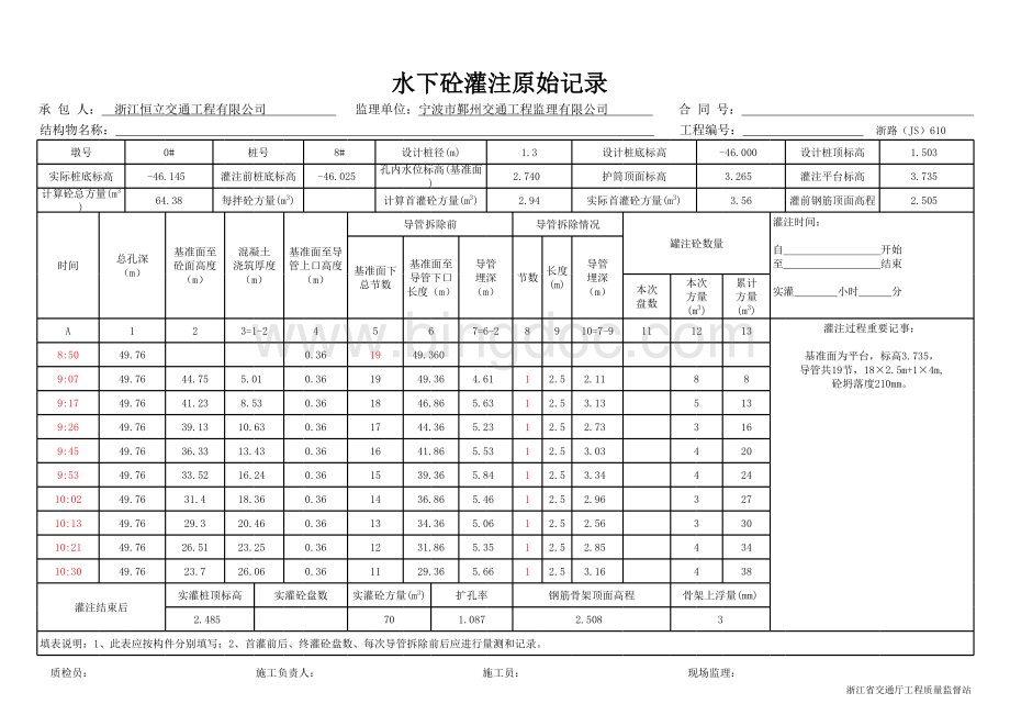 水下砼灌注原始记录(免算表)公式表表格文件下载.xls_第3页