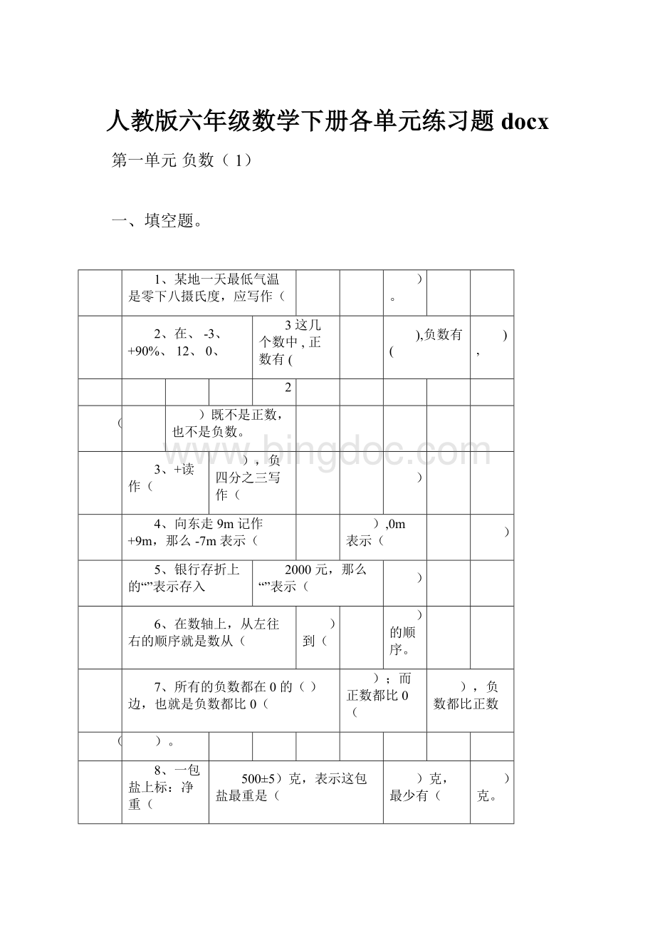 人教版六年级数学下册各单元练习题docx.docx_第1页