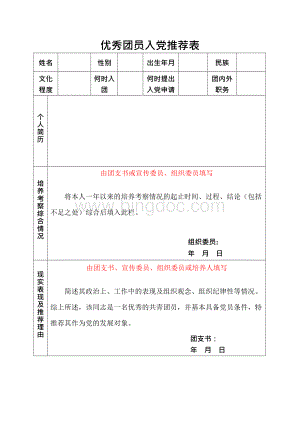 优秀团员入党推荐表模板Word文档下载推荐.docx