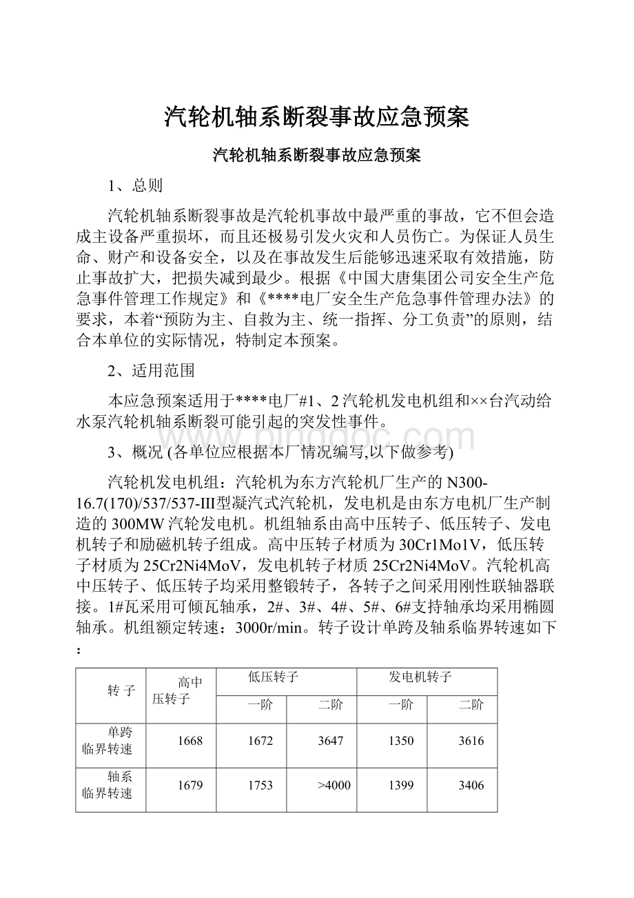 汽轮机轴系断裂事故应急预案Word格式文档下载.docx