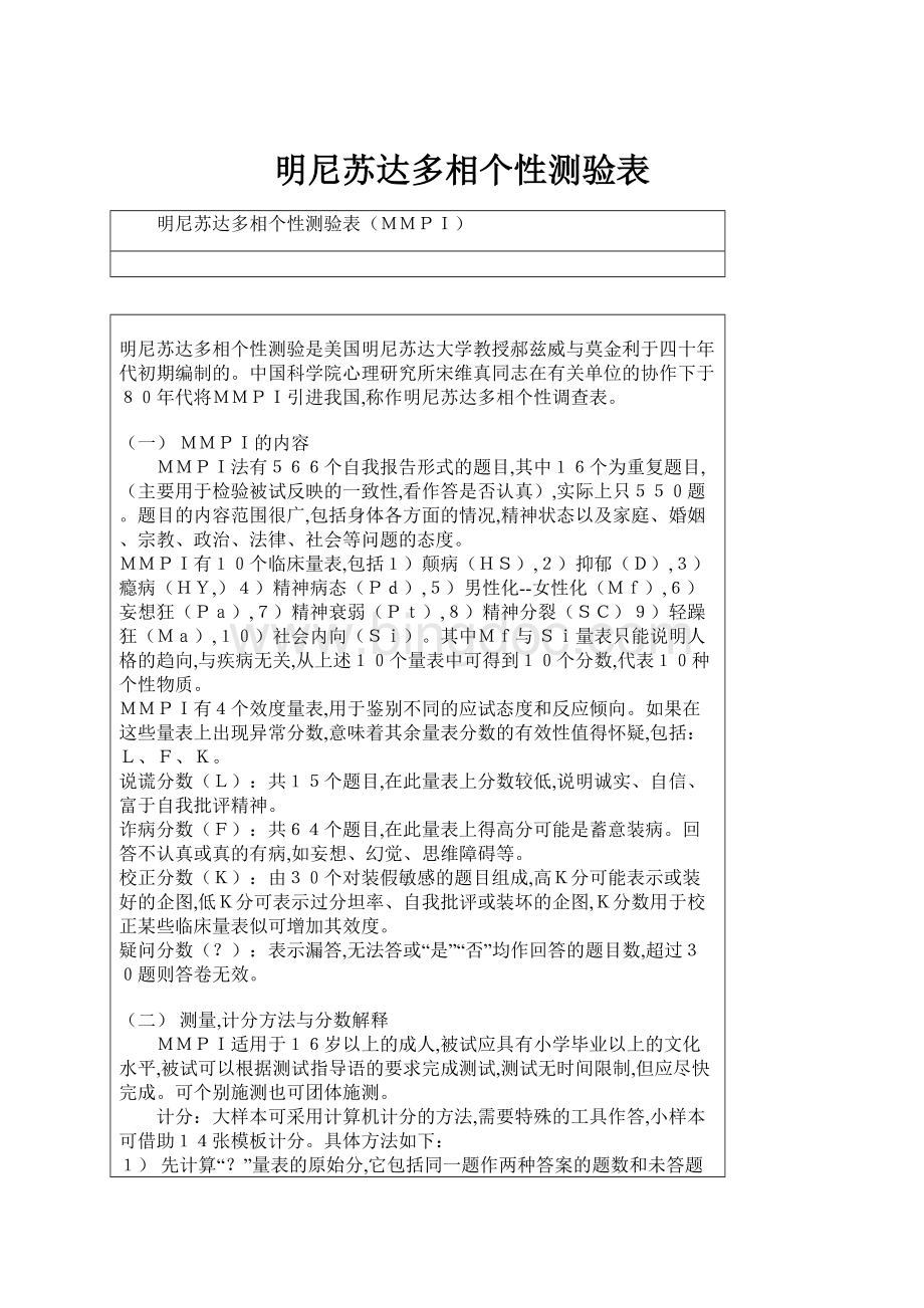 明尼苏达多相个性测验表Word文件下载.docx_第1页