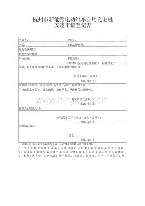 杭州市新能源电动汽车自用充电桩安装申请登记表Word文件下载.docx