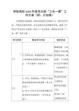 学院高校2020年度党支部“三会一课”工作方案（附：计划表）Word格式文档下载.docx