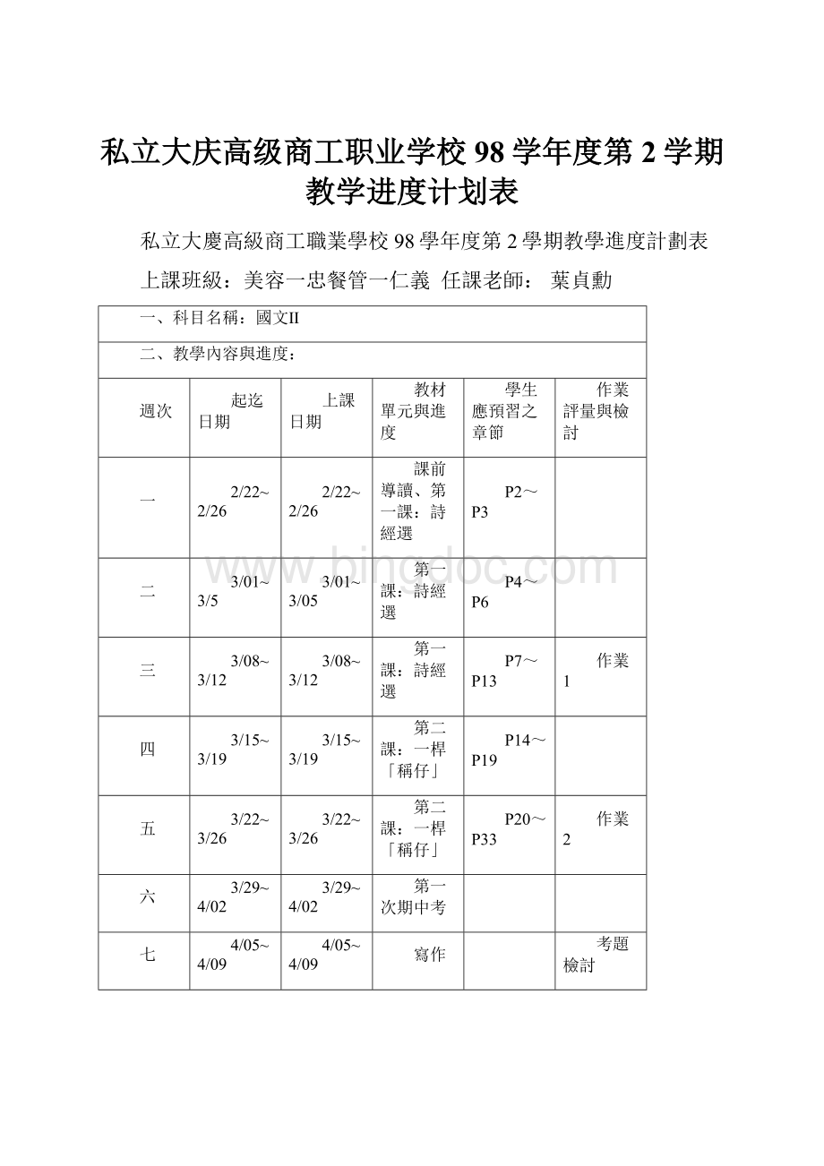 私立大庆高级商工职业学校98学年度第2学期教学进度计划表Word文档下载推荐.docx