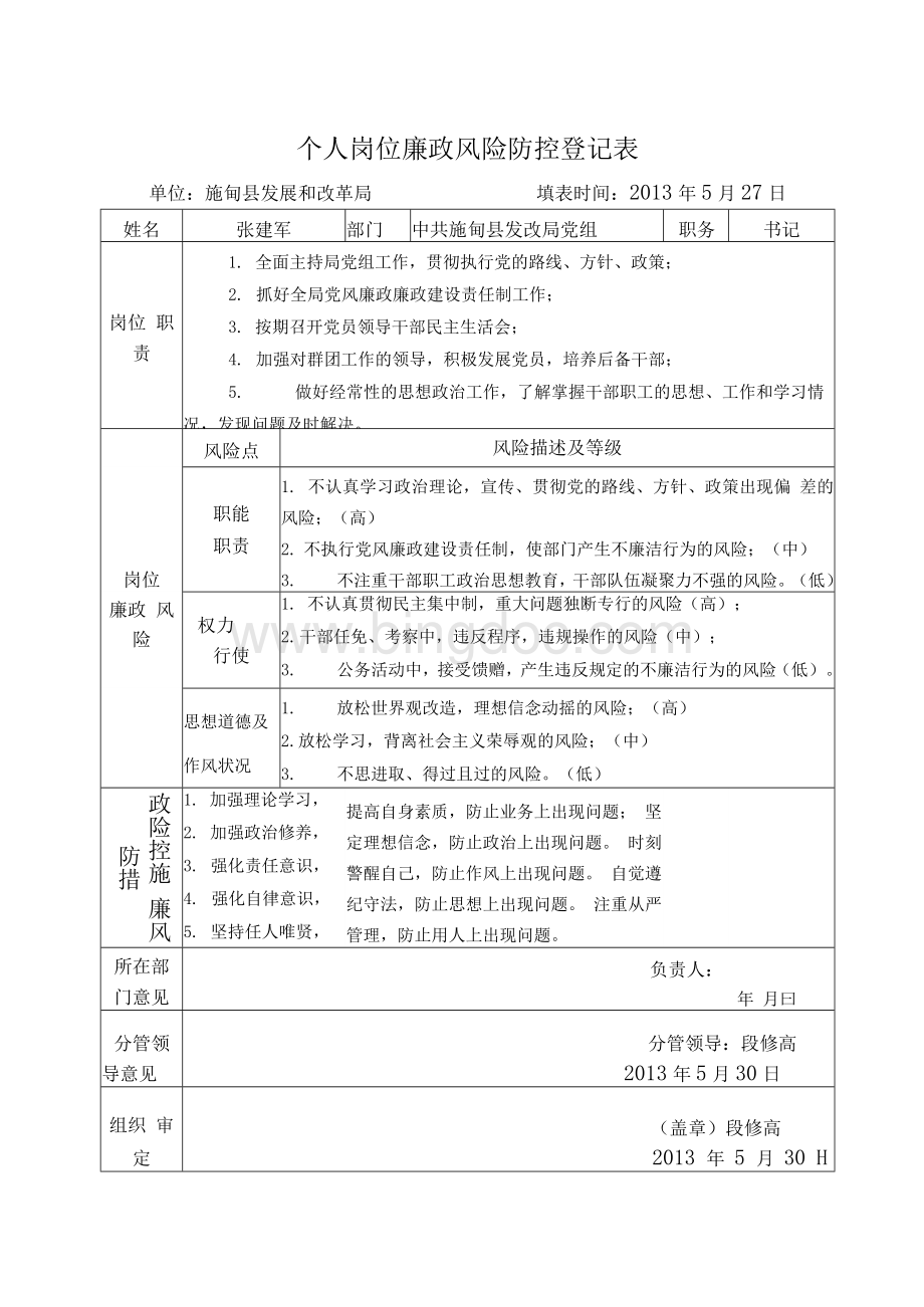 个人岗位廉政风险防控登记表Word格式.docx