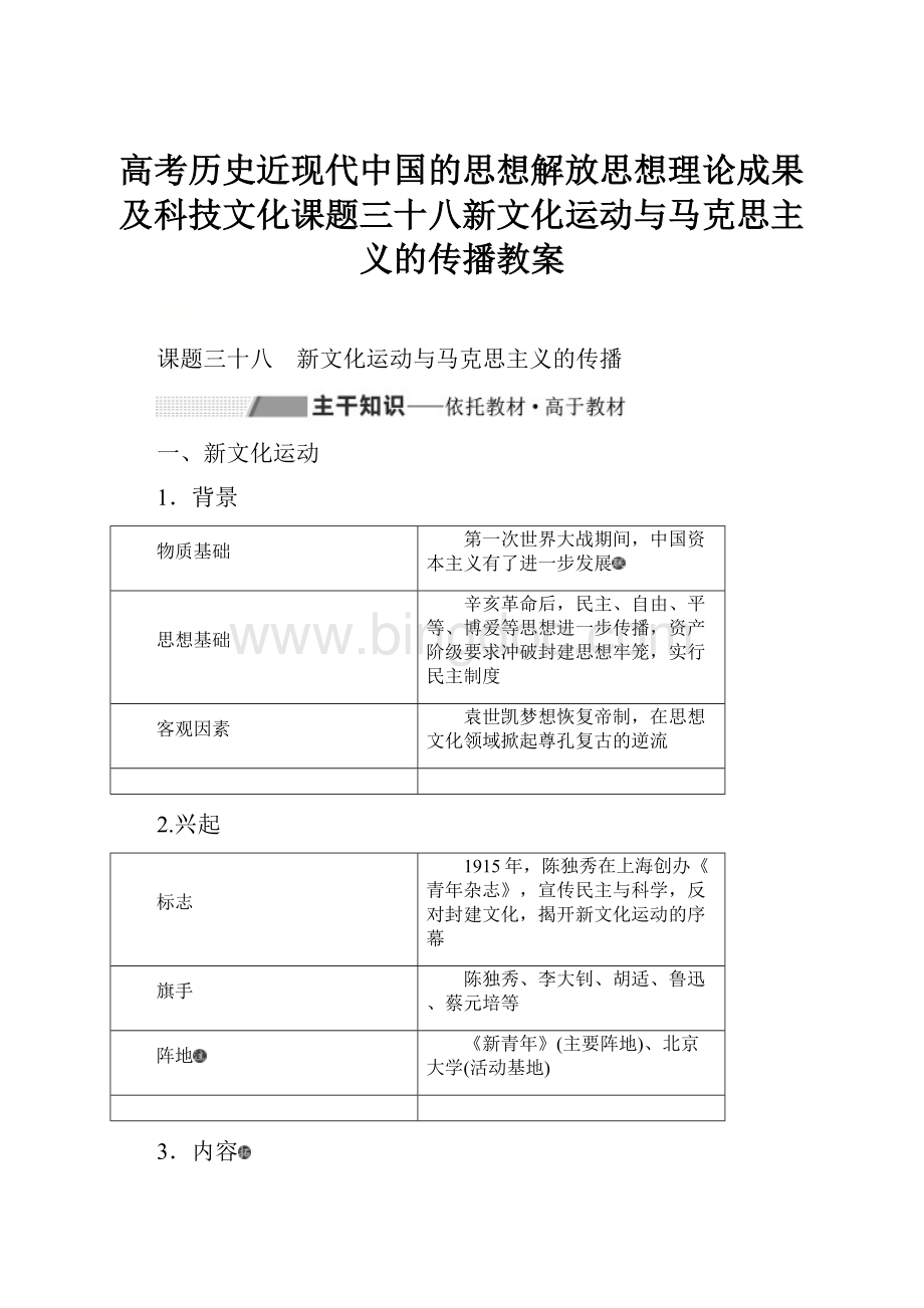 高考历史近现代中国的思想解放思想理论成果及科技文化课题三十八新文化运动与马克思主义的传播教案文档格式.docx