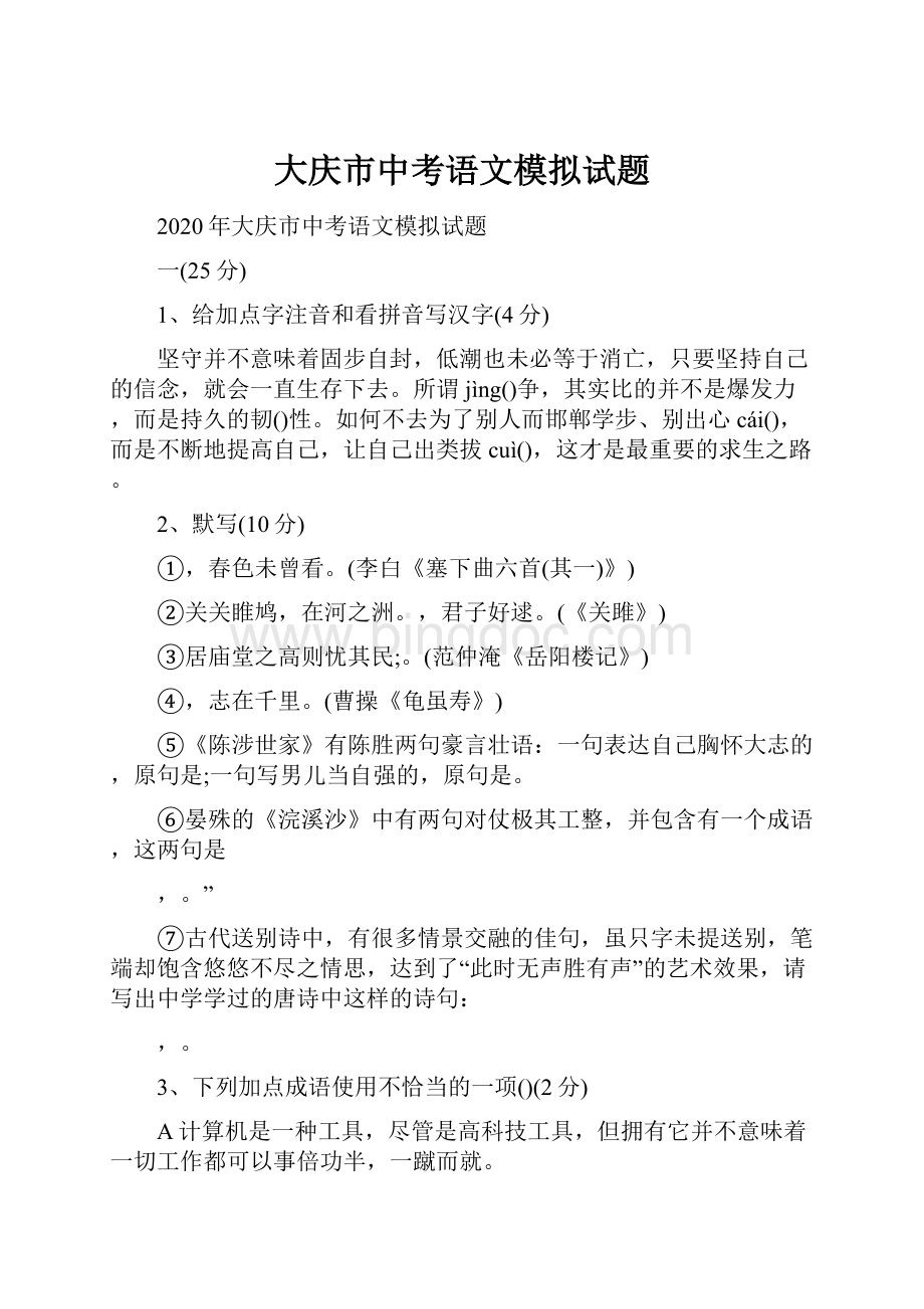 大庆市中考语文模拟试题.docx_第1页