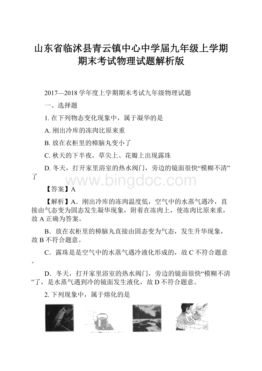 山东省临沭县青云镇中心中学届九年级上学期期末考试物理试题解析版.docx