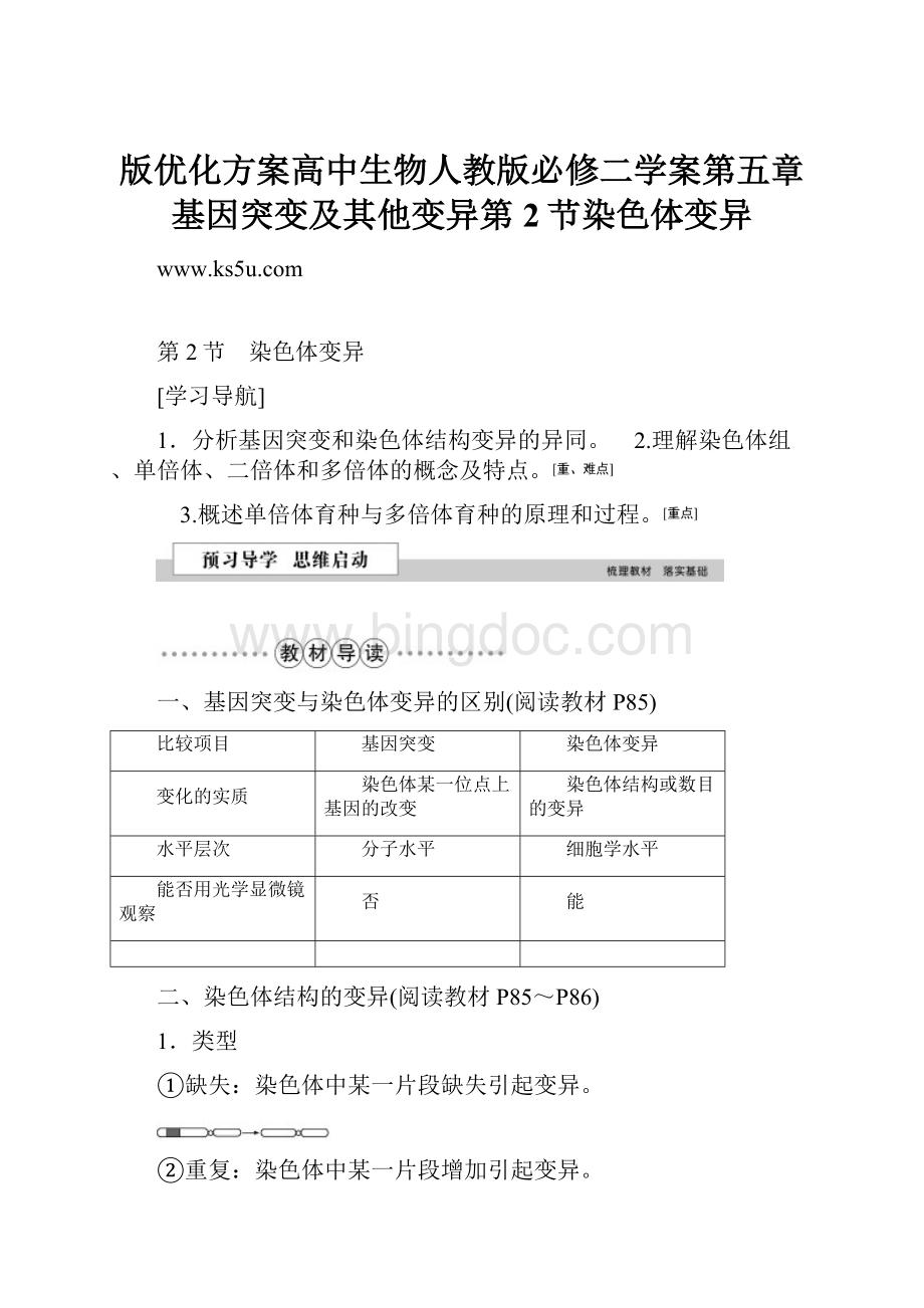 版优化方案高中生物人教版必修二学案第五章基因突变及其他变异第2节染色体变异Word文档下载推荐.docx