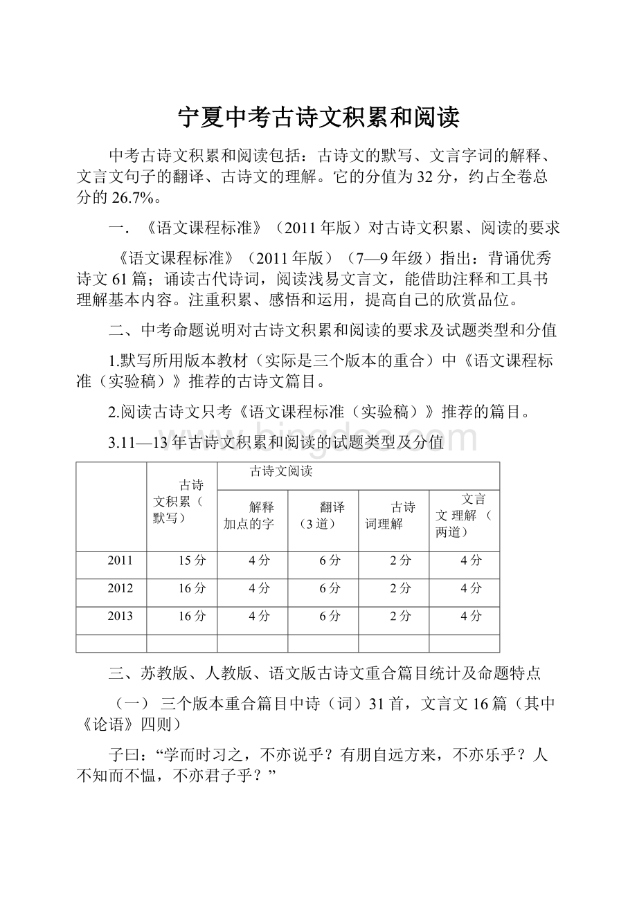 宁夏中考古诗文积累和阅读Word格式文档下载.docx_第1页