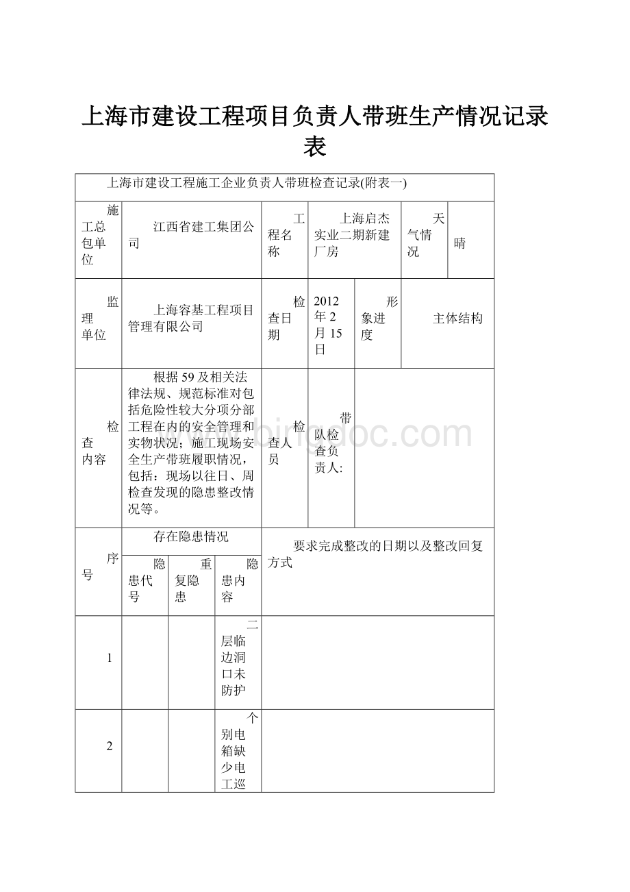 上海市建设工程项目负责人带班生产情况记录表.docx_第1页