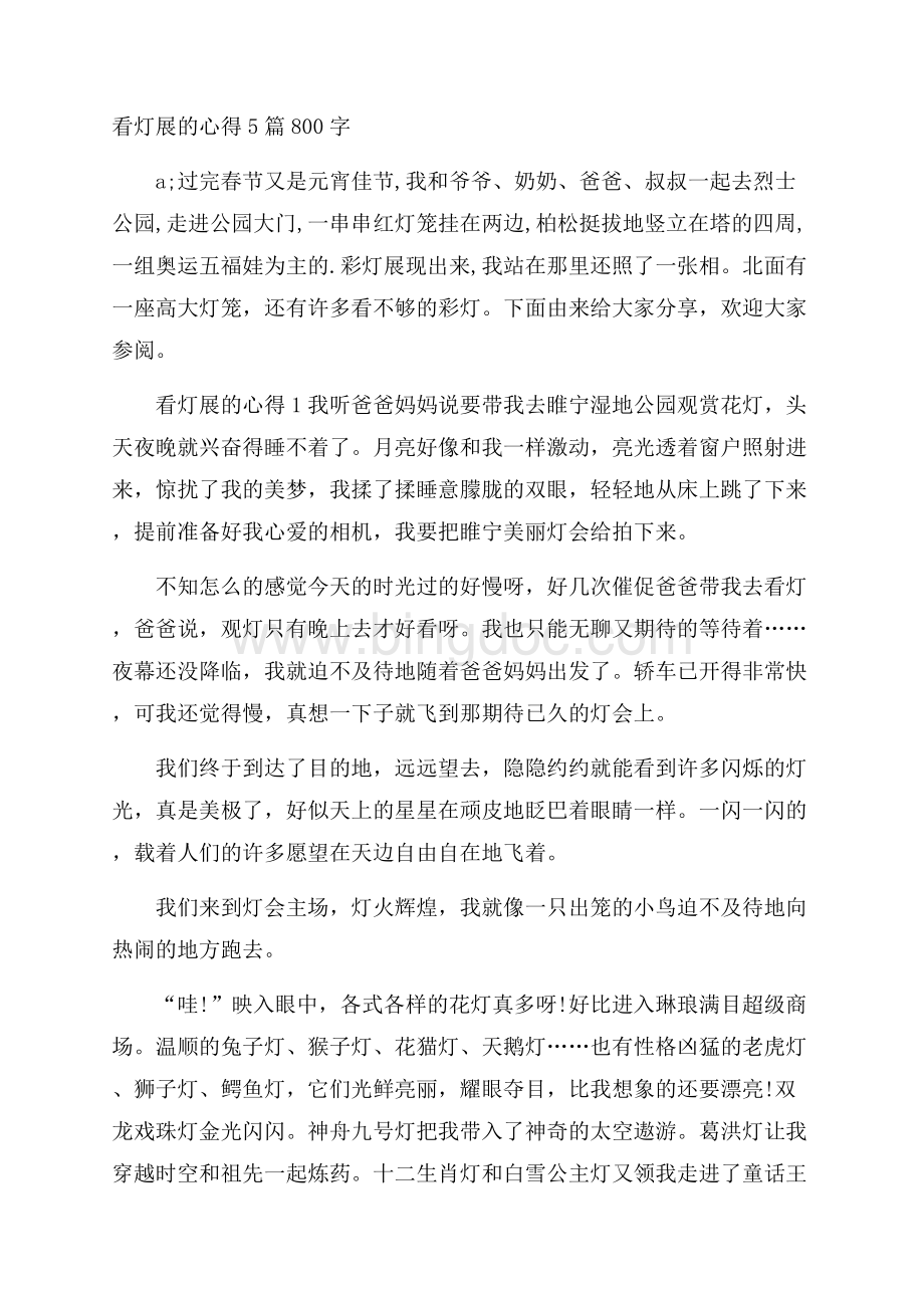 看灯展的心得5篇800字Word格式文档下载.docx_第1页