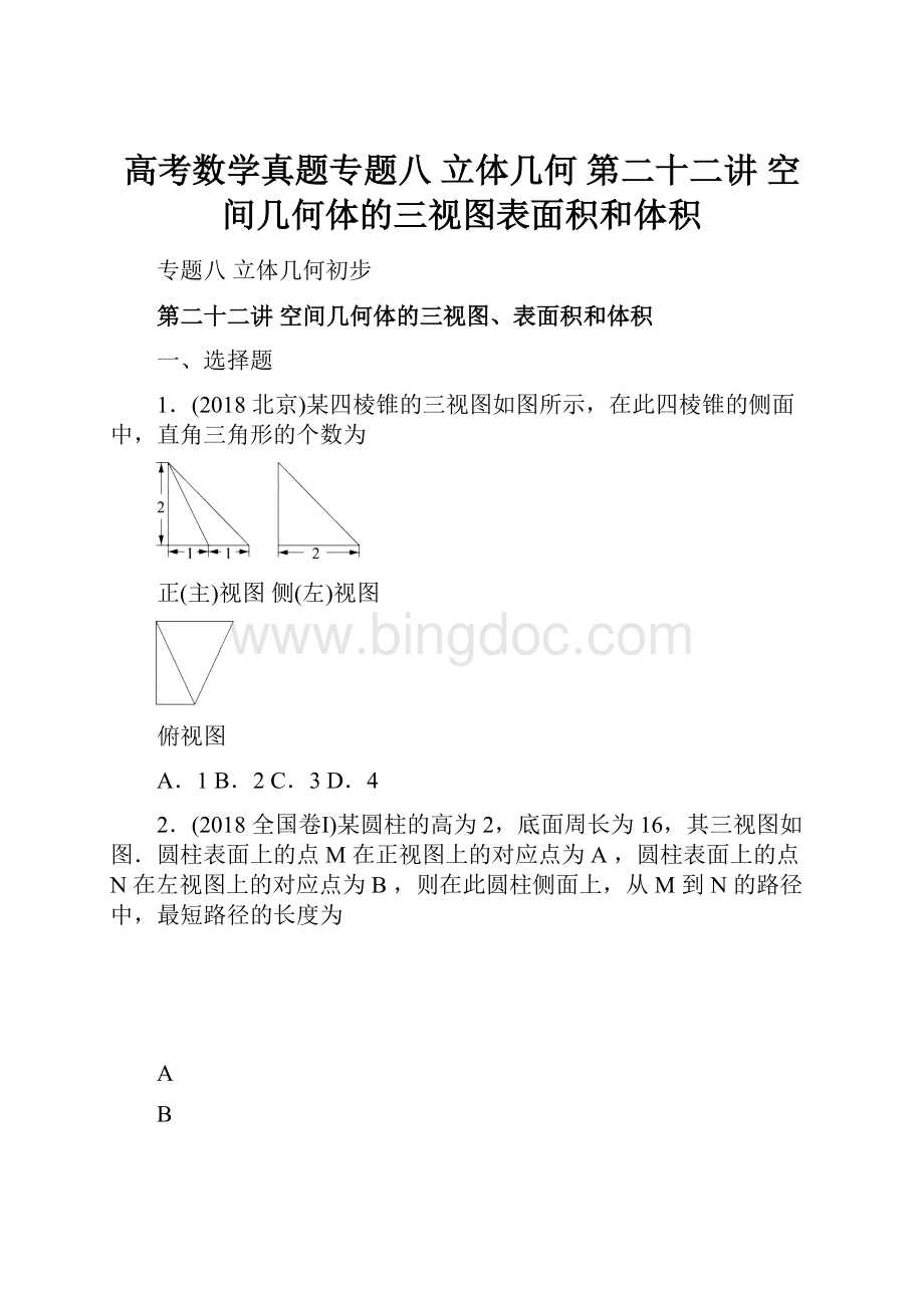 高考数学真题专题八立体几何 第二十二讲 空间几何体的三视图表面积和体积Word文件下载.docx_第1页