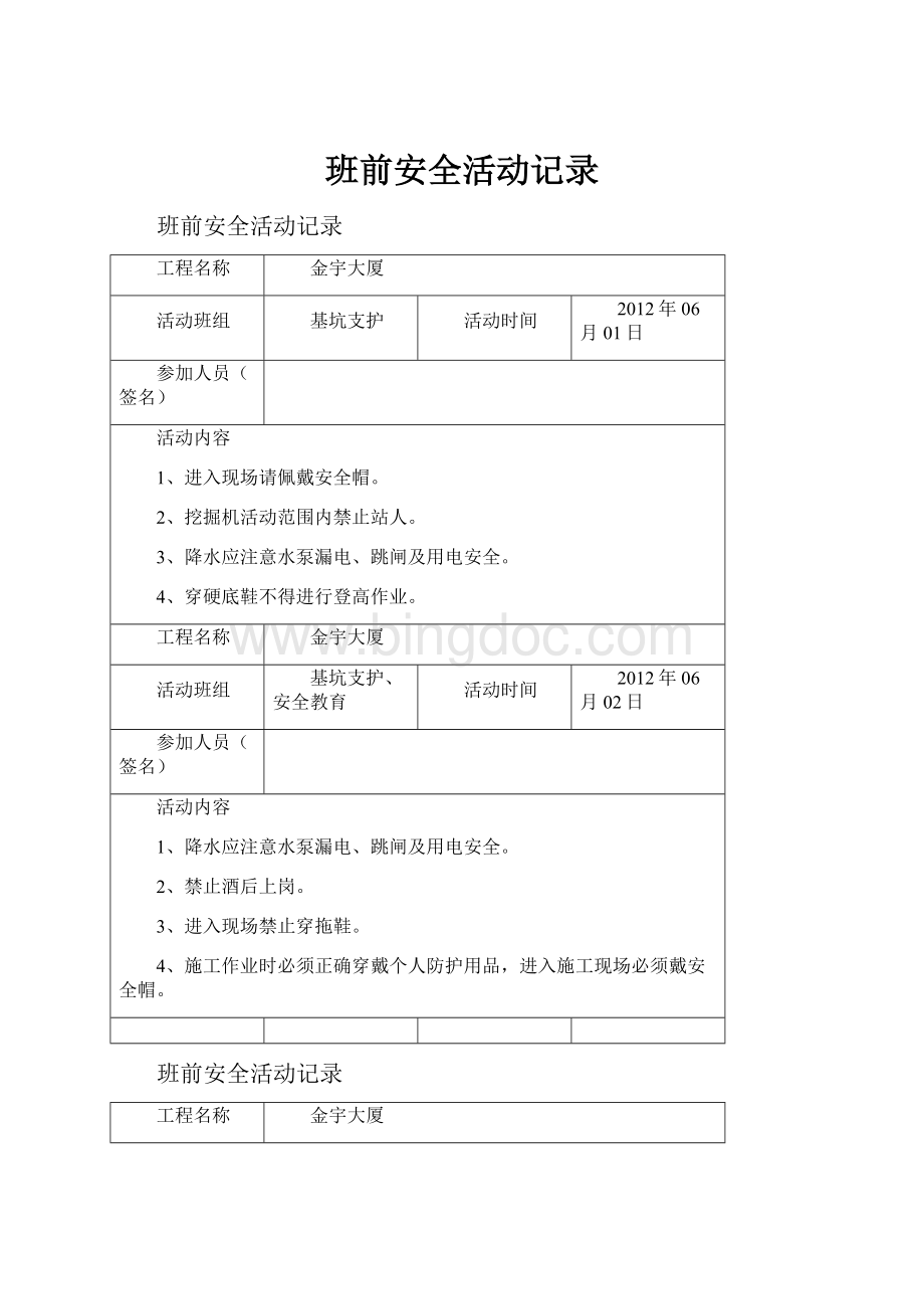 班前安全活动记录Word文档下载推荐.docx_第1页