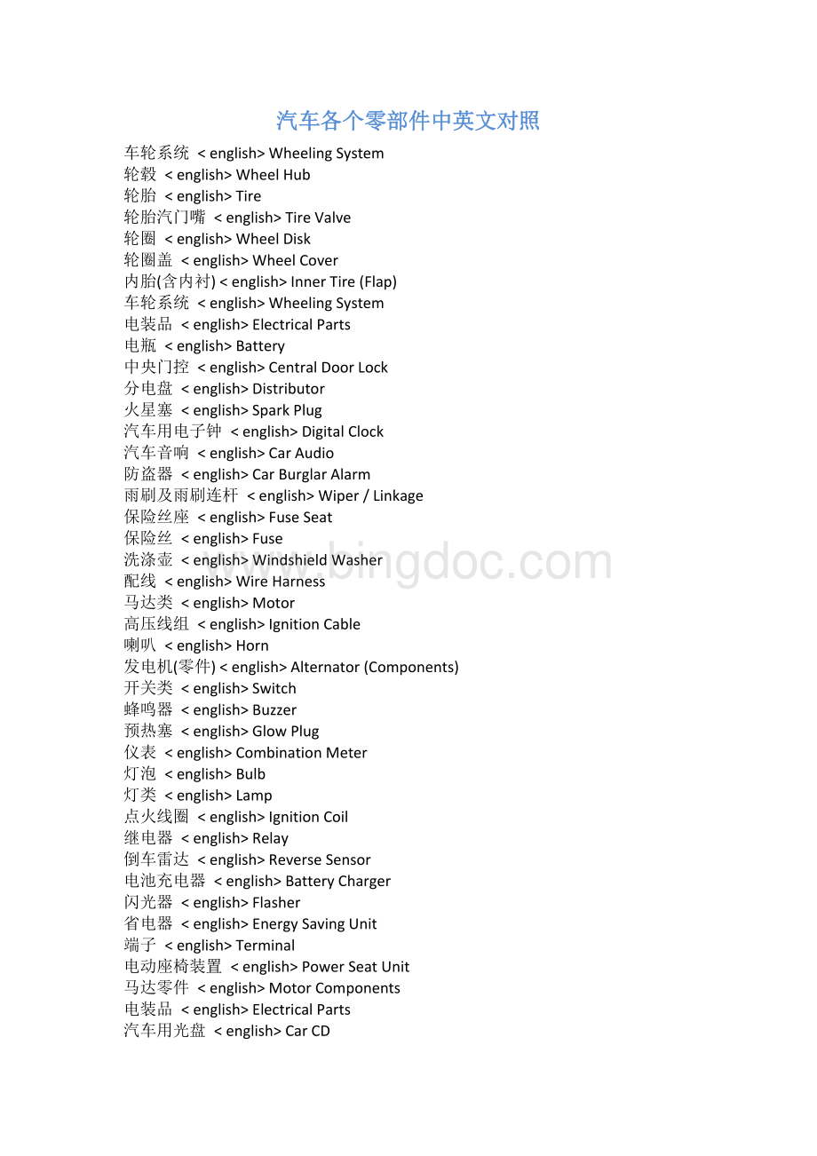 汽车各个零部件中英文对照Word文件下载.doc